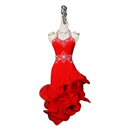 kzytamz Latin Dance Stage Performance Dress mit Strass Kristall Rockschaukel mit Fransen Strenchy Spandex Zumba Tango Cha Cha für Damen (S,Red) von kzytamz