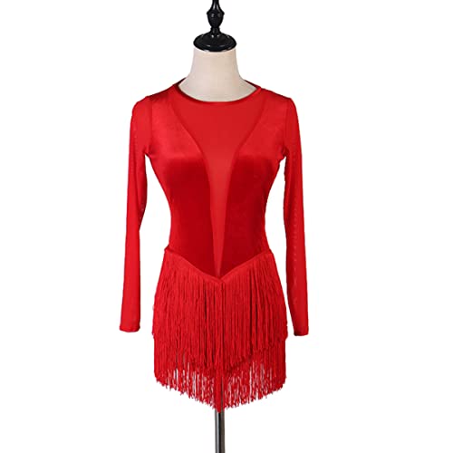 kzytamz Latin-Tanzkleider mit Rundhalsausschnitt Langen Ärmeln Fransensaum Latin-Wettkampfkleid Ballsaal Salsa Samba-Rock Für Frauen Flamenco Kleid Walzer Performance Kleid (XXL,Red) von kzytamz