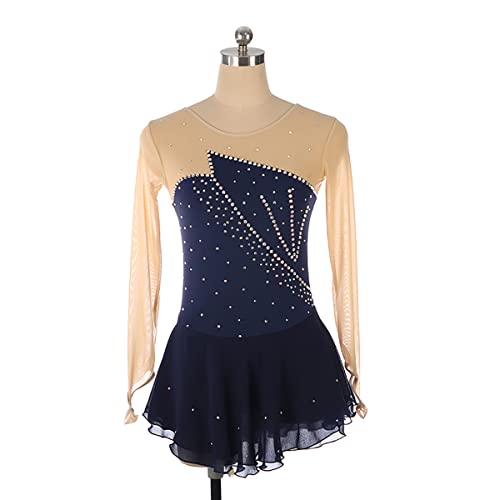 kzytamz Mädchen Eiskunstlauf Kleid Ballettkleid Ballettanzug glänzende Strasssteine, Rundhalsausschnitt, Langarm Body Ballett Trikot Turnanzug Eislaufen Bekleidung (L,Dark Blue) von kzytamz