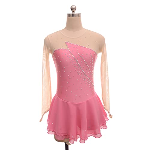 kzytamz Mädchen Eiskunstlauf Kleid Ballettkleid Ballettanzug glänzende Strasssteine, Rundhalsausschnitt, Langarm Body Ballett Trikot Turnanzug Eislaufen Bekleidung (S,Pink) von kzytamz