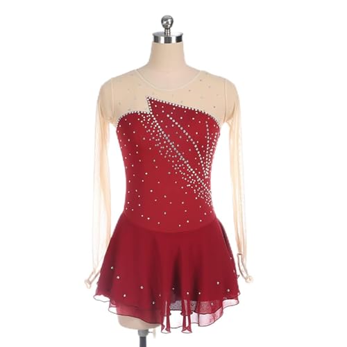 kzytamz Mädchen Eiskunstlauf Kleid Ballettkleid Ballettanzug glänzende Strasssteine, Rundhalsausschnitt, Langarm Body Ballett Trikot Turnanzug Eislaufen Bekleidung (XL,Claret) von kzytamz