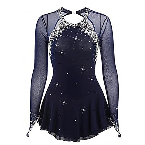 kzytamz Mädchen Eiskunstlauf Kleid Damen Professionelle Eiskunstlauf Wettbewerb Kleider Kid Girls Langarm Trikots Frauen Eislauftanz Kostüm Kinder Mädchen Eiskunstlauf Kleid (XL,Navy Blue) von kzytamz