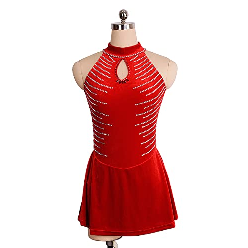 kzytamz Mädchen Eiskunstlauf Kleid Rollschuhkleid Samt Hochelastisch Wettbewerb Trikot Ärmellos mit Strass Rückenfreies Trainingstanzkleid (XXXL,Red) von kzytamz