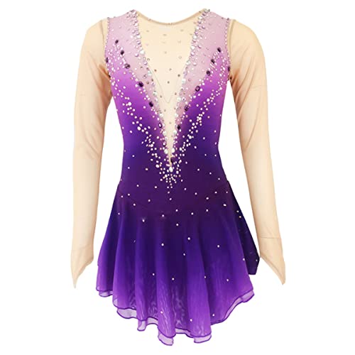 kzytamz Mädchen Eiskunstlauf Kleid Winter Sport Figur Skating Kleid Kid Girls Langarmes Strass Turner Gymnastik Funkelnd Activewear Für Traditionsgradienten (XS,Purple) von kzytamz