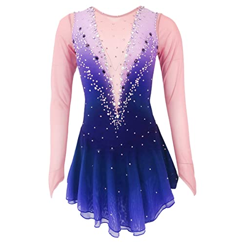 kzytamz Mädchen Eiskunstlauf Kleid Winter Sport Figur Skating Kleid Kid Girls Langarmes Strass Turner Gymnastik Funkelnd Activewear Für Traditionsgradienten (XXL,Blue) von kzytamz