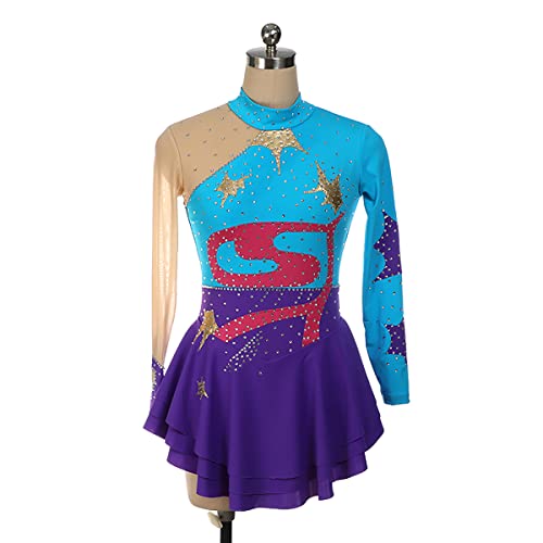 kzytamz Mädchen Eiskunstlauf Trikot Kleid Mesh Fingerspitzen glänzend, Strassstein-Druck, glänzend, Strassstein-Druck, (XXXL,Blue) von kzytamz