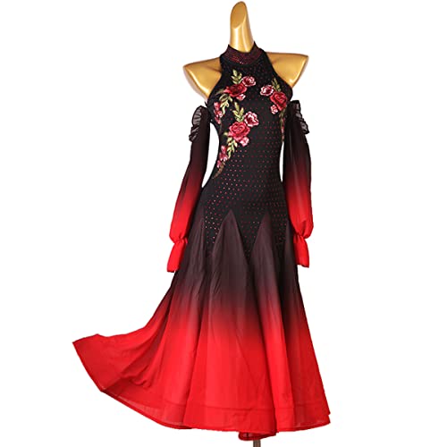 kzytamz Modernes Walzer-Tango-Kleid für Damen, National Standard Ballsaal Tanzen Leistungskostüm Tanzkleid Sommer, hoher Kragen, Lange Ärmel, Ballsaalkleider Großem Swingrock (XL,Black) von kzytamz