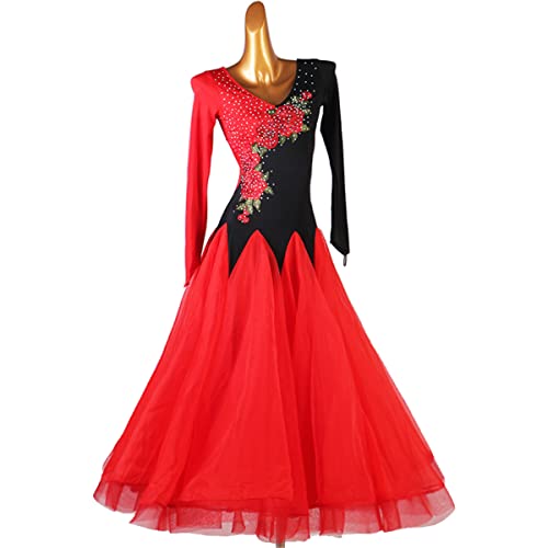 kzytamz National Standard Ballsaal Kostüme Sommer Damen Modernes Elegante Tanzkleid V-Ausschnitt Lange Ärmel Walzer-Standardkleid rote Ballsaalkleider Großem Swingrock (L,Red) von kzytamz