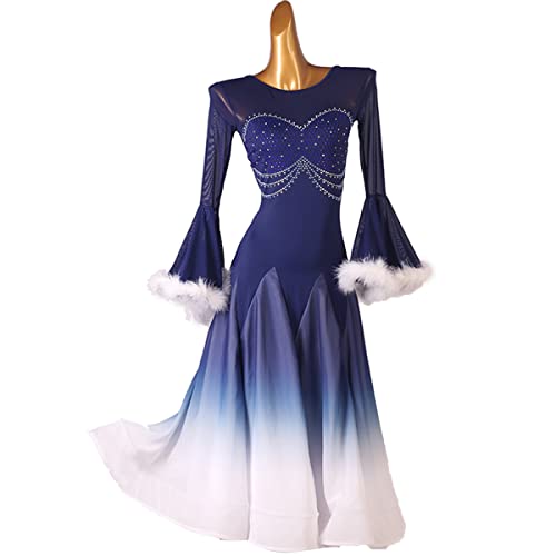 kzytamz National Standard Ballsaal Tanzen Leistungskostüm Competition Kostüme Modernes Walzerkleid für Damen Blaue Federärmel Ballsaalkleider Großem Swingrock (XL,Blue) von kzytamz