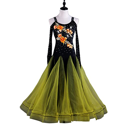 kzytamz National Standard Dance Ballkleider mit Langen Ärmeln Moderner Walzer Latin Flamenco Großem Swingrock Wettbewerbskostüme Ballsaal Leistung Tanzkleider Sommerkleid Damen (M,Green) von kzytamz