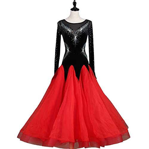 kzytamz National Standard Dance Dress Ballkleider Damen Modernes Waltz Cha Cha Kleid Langarm Big Swing Rock Maxikleid Ballsaal Leistung Tanzkleider Sommerkleid Damen (M,Red) von kzytamz