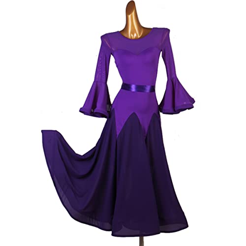 kzytamz National Standard Dance Dress Ballkleider V-Ausschnitt zurück Big Swing Rock Sommer Modernes Elegante Tanzkleid Walzer Ballsaal Tanzen Praxis Kostüm Send Belt (M,Purple) von kzytamz