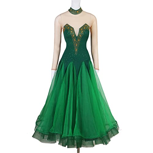 kzytamz National Standard Tanzkleid Ballkleider Hoher Kragen Durchsichtig Lange Ärmel Moderne Walzer Performance Kleid Cha-Cha-Tanzkleidung Sommerkleid Damen Großem Swingrock (L,Green) von kzytamz