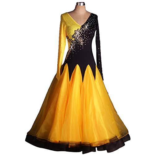 kzytamz National Standard Tanzkleid Ballsaalkleider Ballsaal Leistung Tanzkleider V-Ausschnitt Modern Walzerrock Cha Cha Flamenco Kleid Langarm Großem Swingrock (S,Yellow) von kzytamz