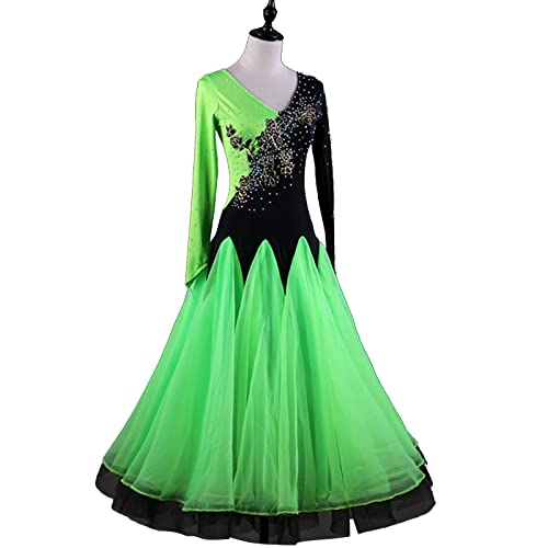 kzytamz National Standard Tanzkleid Ballsaalkleider Ballsaal Leistung Tanzkleider V-Ausschnitt Modern Walzerrock Cha Cha Flamenco Kleid Langarm Großem Swingrock (XL,Green) von kzytamz