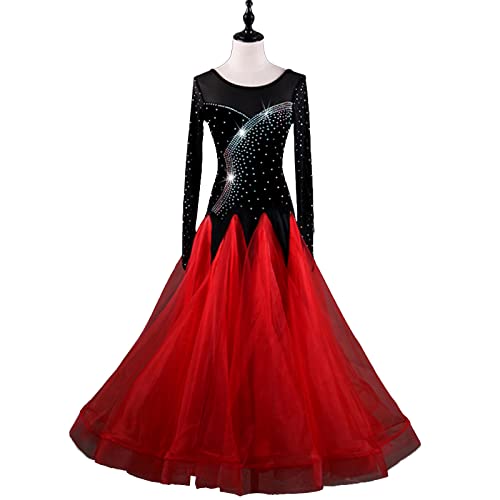 kzytamz Nationales Standard-Tanzkleid Ballkleider Modernes Elegante Tanzkleid Tanzwettbewerbskostüme Rundhalsausschnitt Walzer-Cha-Cha-Flamenco-Kleid Großem Swingrock (XL,Red) von kzytamz