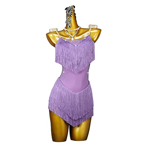 kzytamz Neckholder Rückenfrei Latein Tanzkleider Damen Pailletten Fransen Latein Turnierkleid für Frauen Ballsaal Salsa Samba Rumba ChaCha Kostüm Beruf Latin Competition Dress (S,Purple) von kzytamz