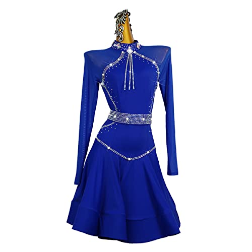 kzytamz Quaste Latin Tanzkleid Für FrauenSalsa Training Kostüme Langarm Cha Cha Ballroom länzendes Tango Gesellschaftstanzkleid Salsa-Rock (M,Blue) von kzytamz