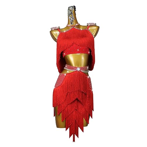 kzytamz Quaste Latin Trainingskleider Rückenfreies Cha Cha Modern Für Frauen Tanzkleid Foxtrott Walzer Performance Kostüme (M,Red) von kzytamz