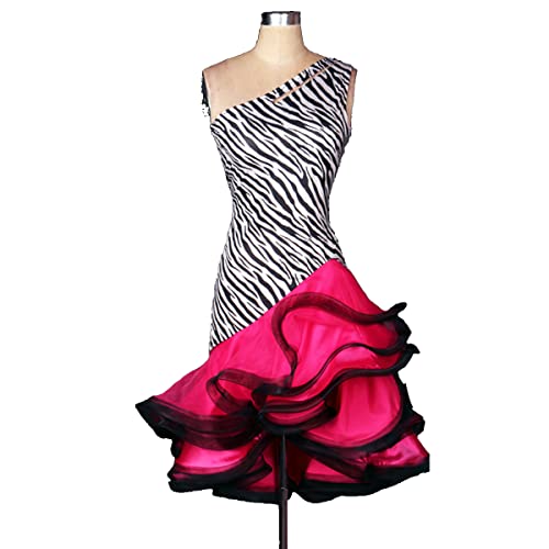 kzytamz Rückenfreie Kleider für den lateinamerikanischen Tanz Ballsaal Salsa Samba Cha Cha Flauschiger Rock One-Shoulder-Latein-Wettkampfkleid Foxtrot Praxisrock (S,Leopard) von kzytamz