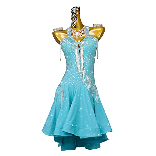 kzytamz Salsa Kleid Damen Latein Tanzkleid Strass Pailletten Quaste Flapper Kleid Trägerloses Abendkleid Mit Unregelmäßigem Fransen-Cha-Cha-Outfits für modernen Tanz (M,Blue) von kzytamz