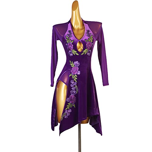 kzytamz Samt Latein-Tanzkleider für Frauen Split Leg Latin Competition Dress V-Ausschnitt Long Sleeves Ballroom Samba Costume Für Frauen Flamenco Kleid Salsa Tanzen Outfit (M,Purple) von kzytamz