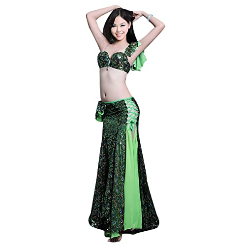 kzytamz Sexy Crop Top BH und Gürtel Schlitz Tanz Hüftrock Pailletten Langer Bauchtanz Kostüm für Frauen Set Karneval Outfit (L,Green) von kzytamz