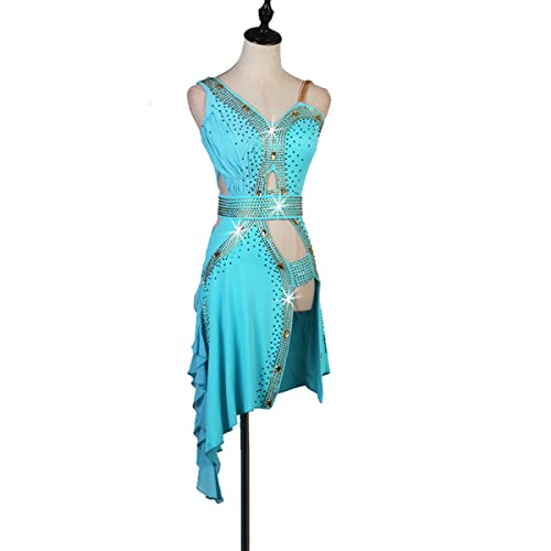 kzytamz Sexy Latein-Tanzkleider mit V-Ausschnitt für Damen Weibliches Kleid Lateinischer Tanz Quaste Gesellschaftstanz-Schlingenrock Salsa Rumba Tango-Wettkampfkleid mit Gürtel (M,Light Blue) von kzytamz