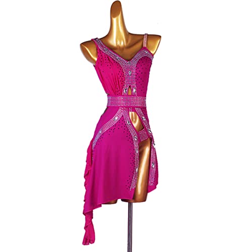 kzytamz Sexy Latein-Tanzkleider mit V-Ausschnitt für Damen Weibliches Kleid Lateinischer Tanz Quaste Gesellschaftstanz-Schlingenrock Salsa Rumba Tango-Wettkampfkleid mit Gürtel (S,Rose red) von kzytamz