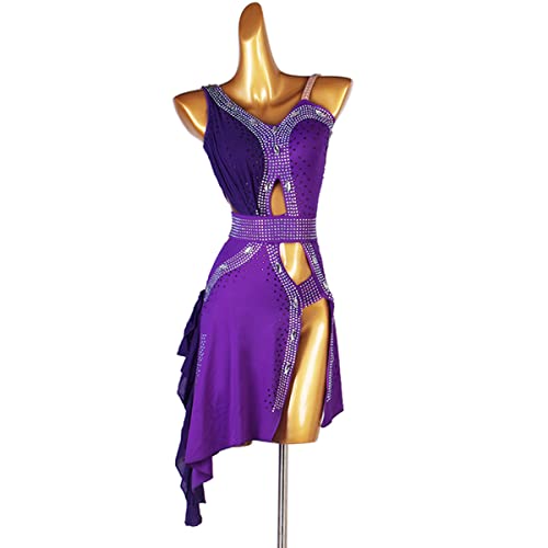 kzytamz Sexy Latein-Tanzkleider mit V-Ausschnitt für Damen Weibliches Kleid Lateinischer Tanz Quaste Gesellschaftstanz-Schlingenrock Salsa Rumba Tango-Wettkampfkleid mit Gürtel (XXL,Purple) von kzytamz