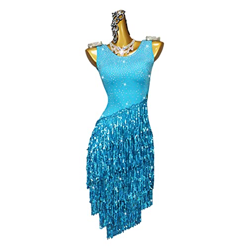 kzytamz Sexy Latin-Tanzkleider Mit V-Ausschnitt Und Fransen Für Damen Ärmelloses Tango National Standard Dance Dress Hollow-Back-Salsa-Performance-Tanzkostüme (S,Blue) von kzytamz