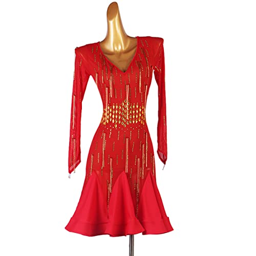 kzytamz Sexy Latin-Tanzkleider mit V-Ausschnitt und Fransen für Damen Ballsaal Salsa Rumba Samba-Kostüm Cha cha Tango Soziale Wettbewerb Kostüme Für Frauen Flamenco Kleid (XL,red) von kzytamz