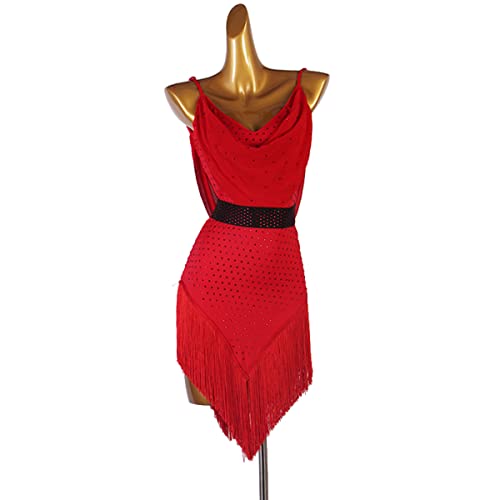 kzytamz Sexy Sling Latin Dance Kleider mit V-Ausschnitt für Frauen Ballsaal Salsa Samba ChaCha Kostüm Quaste Latin Competition Dress Für Frauen Flamenco Kleid (M,Red) von kzytamz