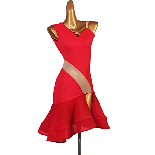 kzytamz Sling Latin Dance Kleider Damen Ballsaal Backless Samba Kostüm Split Leg Schräger Saum Latin Competition Dress Salsa Tanzen Outfit Ballsaal Tanzkleider Foxtrot Praxisrock (S,Red) von kzytamz