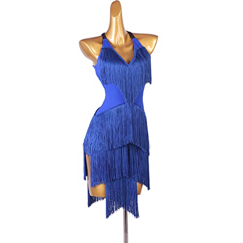 kzytamz Sling Quaste Latin Dance Kleider Damen Ballsaal Samba KostüM Latin Competition Dress Asymmetrischer Saum Mit Fransen Tango Soziale Wettbewerb KostüMe Salsa Tanzen Outfit (XXL,Blue) von kzytamz