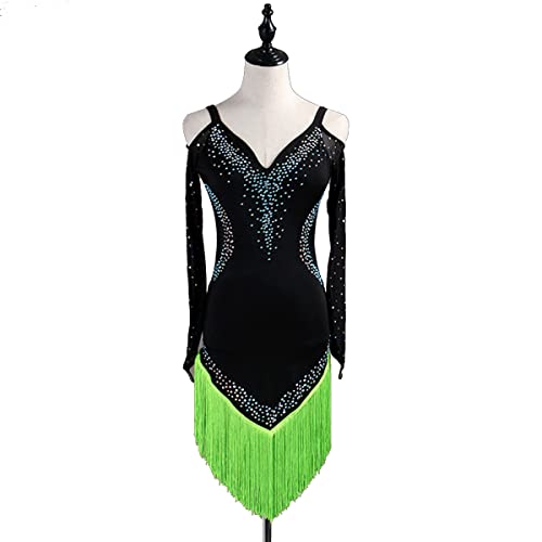 kzytamz Sling V-Ausschnitt Lange Ärmel Latein-Tanzkleider Damen Ballsaal Samba-Kostüm Fransensaum Latein-Wettbewerbskleid Salsa Tanzen Outfit Tango Soziale Wettbewerb Kostüme (XXL,Green) von kzytamz