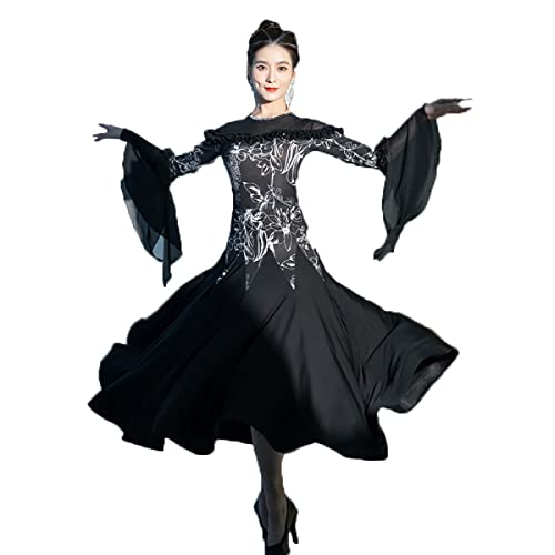 kzytamz Walzer Tanzkleidung Für Damen Standard Ballsaal Tanzkleider Mit Plissierter Taille Mesh Walzer Ballett Professionelle Tanzbekleidung Flamenco Foxtrott Übungsrock (L,Black) von kzytamz