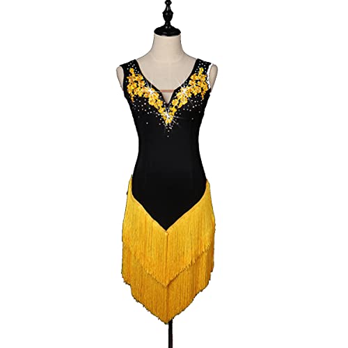 kzytamz Wide Sling V-Ausschnitt Latin Dance Kleider Damen Quaste Saum Latin Competition Dress Ballsaal Salsa Samba Cha Cha Kostüm Tango Soziale Wettbewerb Kostüme (XL,Yellow) von kzytamz