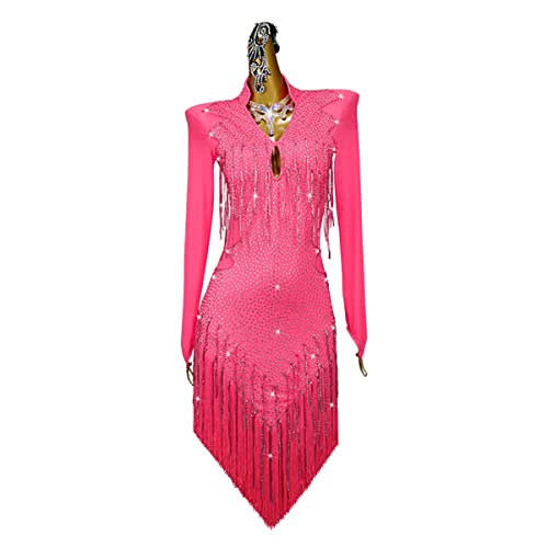 kzytamz Women's Tassel Latin Dance Competition V Neck Salsa Long Sleeves Ballroom Salsa Samba Latin Training Dress (S,Pink) von kzytamz