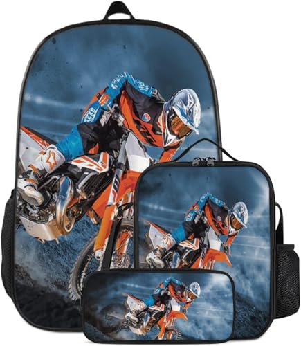 Weihnachten Motorrad Rucksack Sets Schulrucksack Motocross Rucksack Kinder Schulrucksäcke für Teen Boys Rucksack Schulbuchtaschen Set Lunch Bag 3pc (rucksack1,11.5x5x17 Zoll) von lFTEGUFKXS