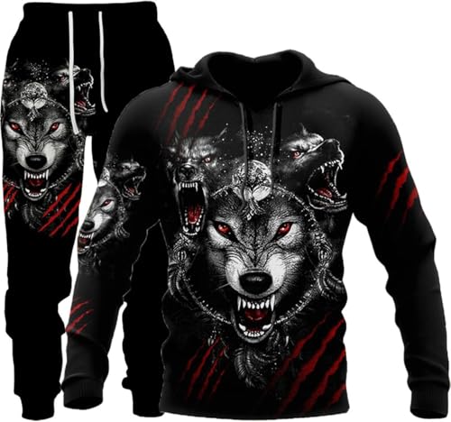 lFTEGUFKXS 3D Wolf Herren Kapuzen + Hose Herren 3D Tier Wolf Trainingsanzug Jogginganzug Pullover Set (M,s4) von lFTEGUFKXS