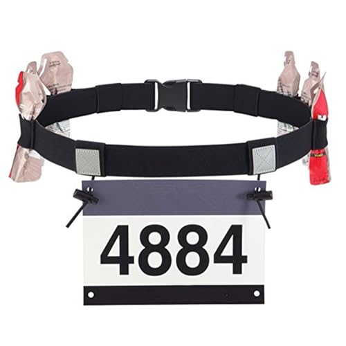 Triathlon Startnummernband, Startnummernband Triathlon, Laufgürtel für Damen Herren, Sportgürtel, Verstellbare Laufgurt mit Nummernhalter & 6 Gel-Halter (Schwarz) von lafomukea