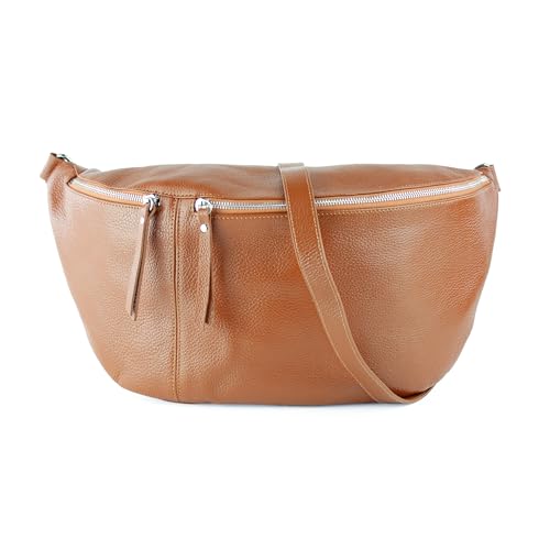 lePelou große Leder Bauchtasche für Damen mit Wechselgurt, Festival Tasche, Frauen Bauchtasche mit breitem Schultergurt, große Umhängetasche, XXL Crossbody Tasche, Geschenk für Damen (Cognac) von lePelou