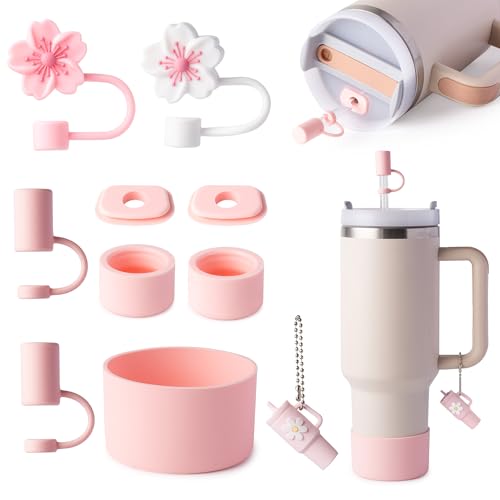 Stanley Cup Zubehör Set, enthält 6 Silikon Spill Proof Stopper, 2 10mm Strohhalm Abdeckung, 1 Griff Charme,1 Bodenschutz Fits für Stanley Cup kompatibel mit Hydro Flask (Rose Quartz) (Rose Quartz) von linmaya