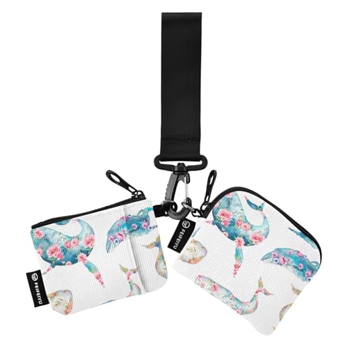 Blauwal mit Blumen Damen Münztaschen Kartenhalter Dünn Flach Reißverschluss Geldbörse Münztasche mit Handgelenkschlaufe für Männer Frauen 2 Packungen, Blauwal mit Blumen, 1 size von linqin