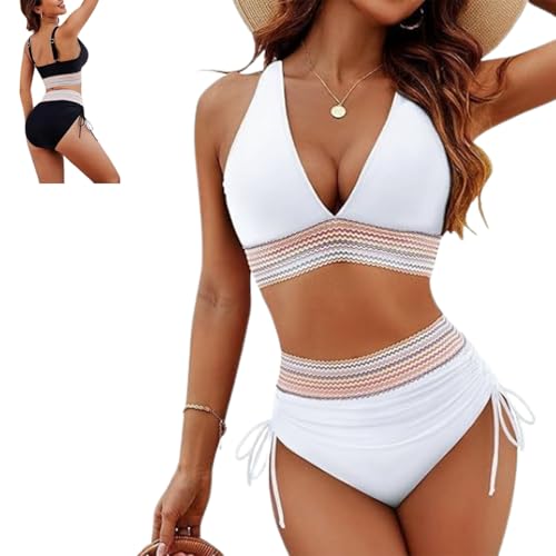 ljhjdkxf 2-teiliges Bikini-Set mit V-Ausschnitt und Patchwork, Damen-Bikini-Set zur Bauchkontrolle, Zweiteiliger Badeanzug mit hoher Taille (White,M) von ljhjdkxf