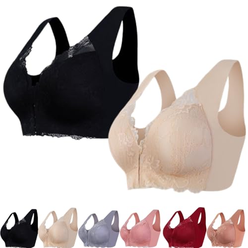 ljhjdkxf Bequemer BH mit Frontverschluss und Spitze, Alltags-Bralette für Damen, Push-Up, bügelfrei, sexy, Nahtloser BH (2 Pcs-Black/Skin Color,M) von ljhjdkxf