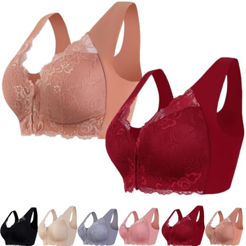 ljhjdkxf Bequemer BH mit Frontverschluss und Spitze, Alltags-Bralette für Damen, Push-Up, bügelfrei, sexy, Nahtloser BH (2 Pcs-Coffee/Red,5XL) von ljhjdkxf