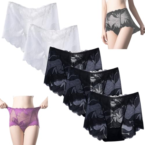 ljhjdkxf Damen-Slip aus Satin mit Blumenmuster, Damen-Höschen aus Seidenspitze mit hohler Stickerei, Nahtlose sexy Spitzenhöschen in Übergröße (5 PCS-A,XXL) von ljhjdkxf