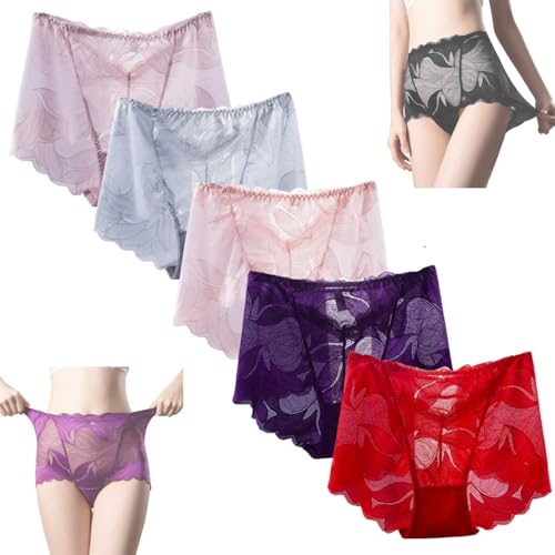 ljhjdkxf Damen-Slip aus Satin mit Blumenmuster, Damen-Höschen aus Seidenspitze mit hohler Stickerei, Nahtlose sexy Spitzenhöschen in Übergröße (5 PCS-J,L) von ljhjdkxf